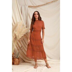 Lulus Dreaming Of You Rust Orange Swiss Dot Midi Dress - Size L